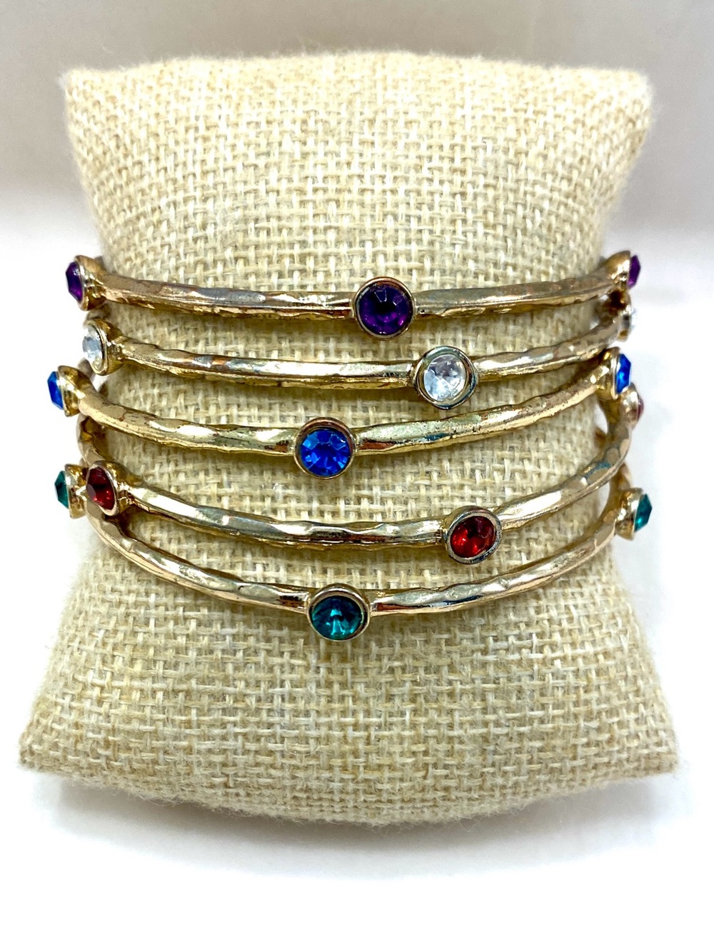 Set of 5 Gold Tone Hammered Stacking Bangles Multi Color Bezel Set Rhinestones